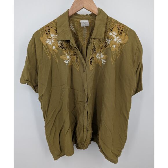 Vtg 70s Olive Green Embroidered Front Button Blouse Collared Sz M Crochet Hippie - Picture 1 of 3